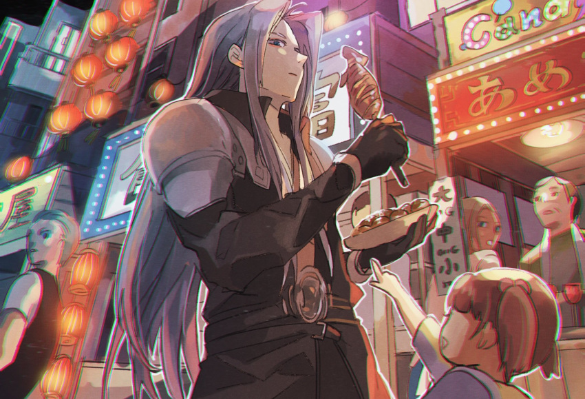 armor black_gloves black_jacket bombyxmori_ckr brown_hair cowboy_shot female_child final_fantasy final_fantasy_vii food food_stand fried_squid from_below gloves grey_hair highres holding holding_food jacket lantern long_bangs long_hair long_sleeves looking_back multiple_boys neon_lights outdoors paper_lantern parted_bangs people pointing sephiroth short_twintails shoulder_armor squid twintails