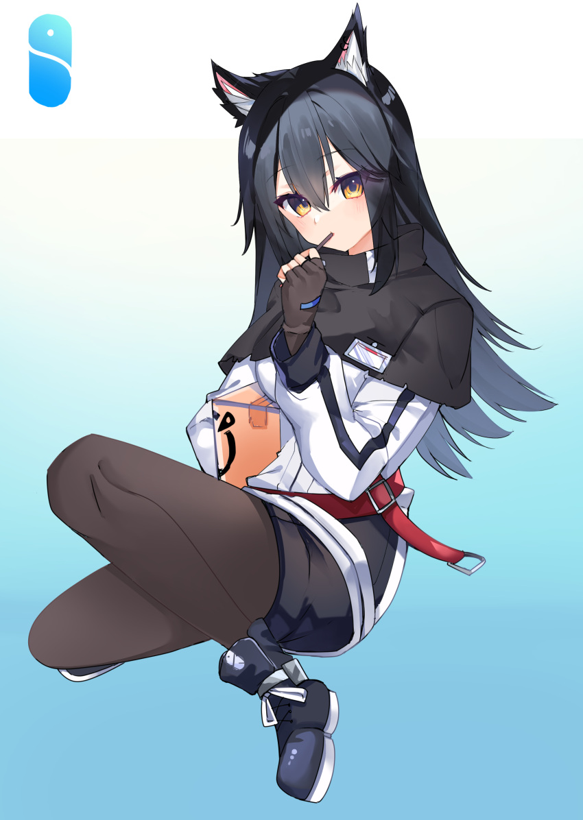 1girl absurdres animal_ear_fluff animal_ears arknights black_capelet black_footwear black_gloves black_hair black_pantyhose black_shorts blue_background breasts brown_eyes capelet commentary_request fingerless_gloves food food_in_mouth full_body gloves gradient_background hand_up highres holding holding_food jacket long_hair long_sleeves looking_at_viewer medium_breasts pantyhose pantyhose_under_shorts puffy_long_sleeves puffy_sleeves shoes short_shorts shorts solo texas_(arknights) very_long_hair white_jacket yayoi_asuka