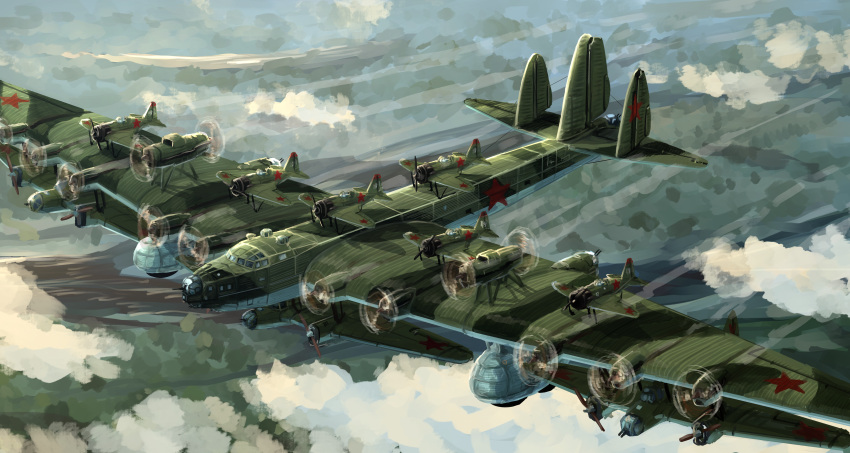 above_clouds absurdres aircraft airplane alternate_universe bomber camouflage clouds flying fusion highres i-16 military military_vehicle no_humans original pe-8 propeller red_star soviet soviet_army star_(symbol) turret vehicle_focus what world_war_ii