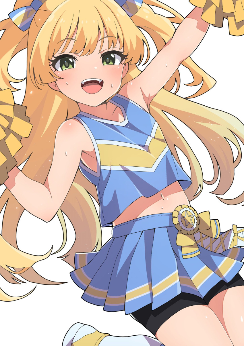 1girl arm_up bike_shorts black_shorts blonde_hair blue_bow blue_shirt blue_skirt blush bow cheerleader collarbone commentary_request dot_nose eyelashes fangs flat_chest green_eyes hair_bow half_updo hand_up highres holding holding_pom_poms idolmaster idolmaster_cinderella_girls jougasaki_rika jumping long_hair looking_at_viewer navel open_mouth pleated_skirt pom_pom_(cheerleading) sekienji shirt shorts shorts_under_skirt skirt sleeveless sleeveless_shirt smile solo sweat teeth thighs twintails upper_teeth_only white_background