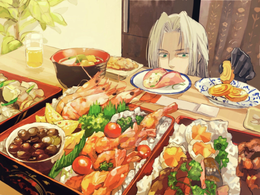 1boy black_gloves bombyxmori_ckr bowl cup egg final_fantasy final_fantasy_vii food gloves green_eyes grey_hair highres holding holding_food long_bangs long_hair looking_at_food male_focus parted_bangs plant rice sephiroth shrimp solo table tomato tray