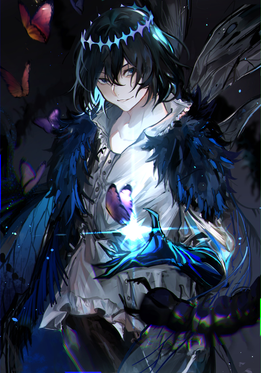 1boy absurdres arthropod_boy black_hair blue_eyes bug butterfly butterfly_wings cape centipede collared_shirt cowboy_shot crown diamond_hairband dragonfly_wings fate/grand_order fate_(series) fur-trimmed_cape fur_trim highres insect_on_finger insect_wings looking_at_viewer male_focus medium_hair oberon_(fate) oberon_(third_ascension)_(fate) shirt solo white_shirt wings zaza_(zazam_s)