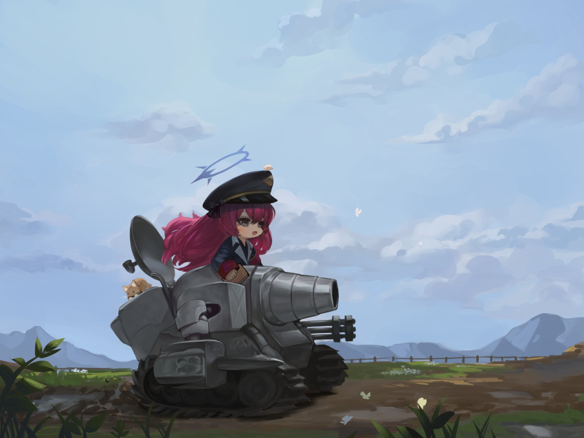 1girl :d animal armband black_bow black_headwear black_jacket black_shirt blue_archive blue_sky book bow bug butterfly cannon cat caterpillar_tracks chibi clouds commentary_request day dokomon fence floating_hair flower gatling_gun grass grey_eyes hair_between_eyes halo hat highres holding holding_book iroha_(blue_archive) jacket korean_commentary long_hair looking_away military military_vehicle motor_vehicle outdoors peaked_cap purple_hair shirt sky smile solo tank very_long_hair white_flower