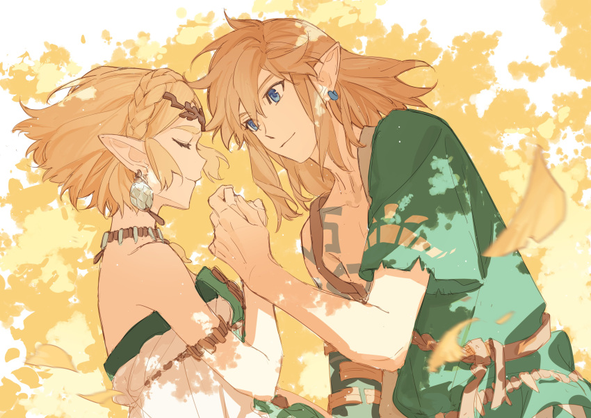 1boy 1girl absurdres bare_shoulders blonde_hair blue_eyes blue_tunic braid breasts closed_eyes closed_mouth collarbone dress earrings hand_up highres holding holding_hands jewelry leaf light_brown_hair link looking_at_another lying medium_breasts necklace on_side pointy_ears princess_zelda shadow short_hair short_sleeves sidelocks sleeping sleeveless sleeveless_dress smile strapless strapless_dress the_legend_of_zelda the_legend_of_zelda:_tears_of_the_kingdom tsubsa_syaoin tunic white_background white_dress