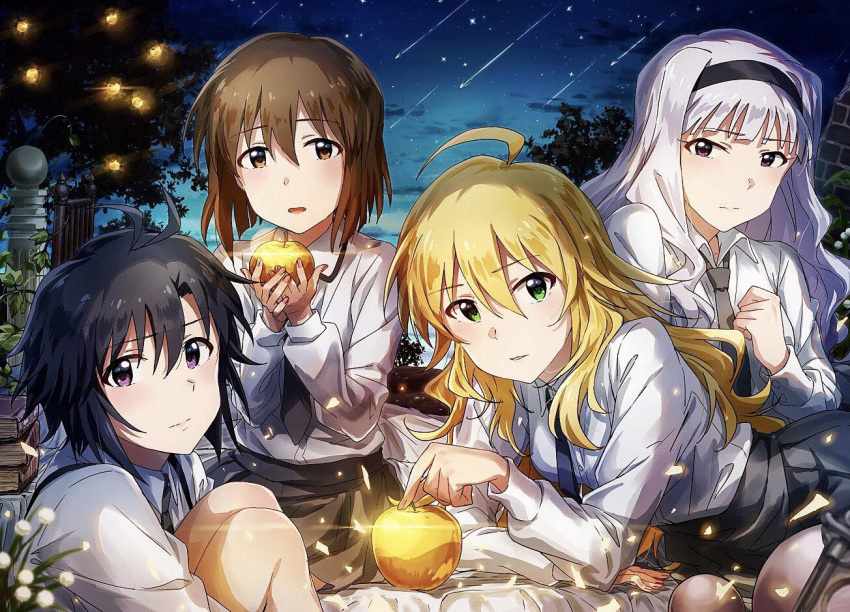 4girls ahoge antenna_hair apple ayano_yuu_(sonma_1426) black_hair black_necktie black_skirt blonde_hair blush bob_cut book breasts brown_eyes brown_hair food fruit gate golden_apple green_eyes grey_hair hagiwara_yukiho hairband hands_up holding holding_food holding_fruit hoshii_miki hugging_own_legs idolmaster idolmaster_(classic) idolmaster_million_live! idolmaster_million_live!_theater_days kikuchi_makoto large_breasts long_hair long_sleeves looking_at_viewer medium_breasts multiple_girls necktie night open_mouth outdoors plant pleated_skirt red_eyes shijou_takane shirt shooting_star short_hair skirt sky small_breasts star_(sky) starry_sky tree vines violet_eyes white_shirt