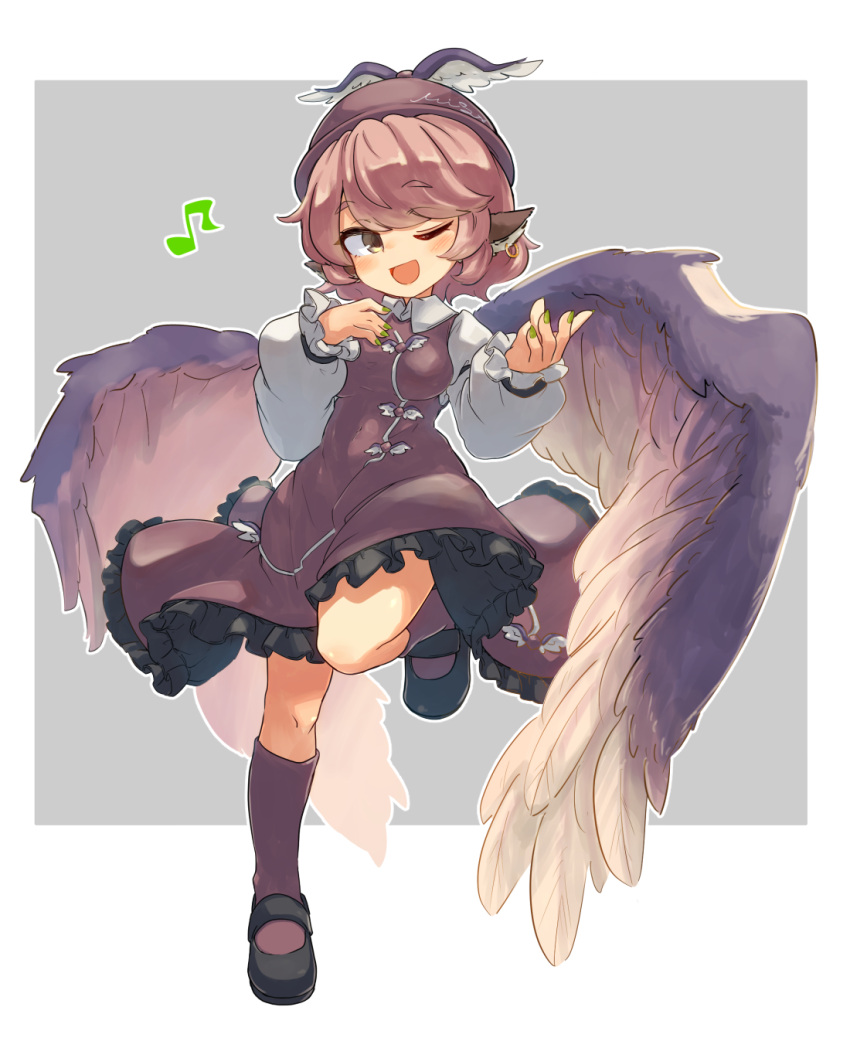 1girl animal_ears bird_ears bird_wings black_footwear blush brown_dress brown_headwear brown_socks dress earrings eighth_note feathered_wings fingernails frilled_dress frilled_sleeves frills full_body green_nails hat highres jewelry kneehighs long_sleeves musical_note mystia_lorelei nail_polish one_eye_closed open_mouth pink_hair redrawn shoes short_hair single_earring sleeve_garter smile socks solo touhou uisu_(noguchipint) winged_hat wings yellow_eyes