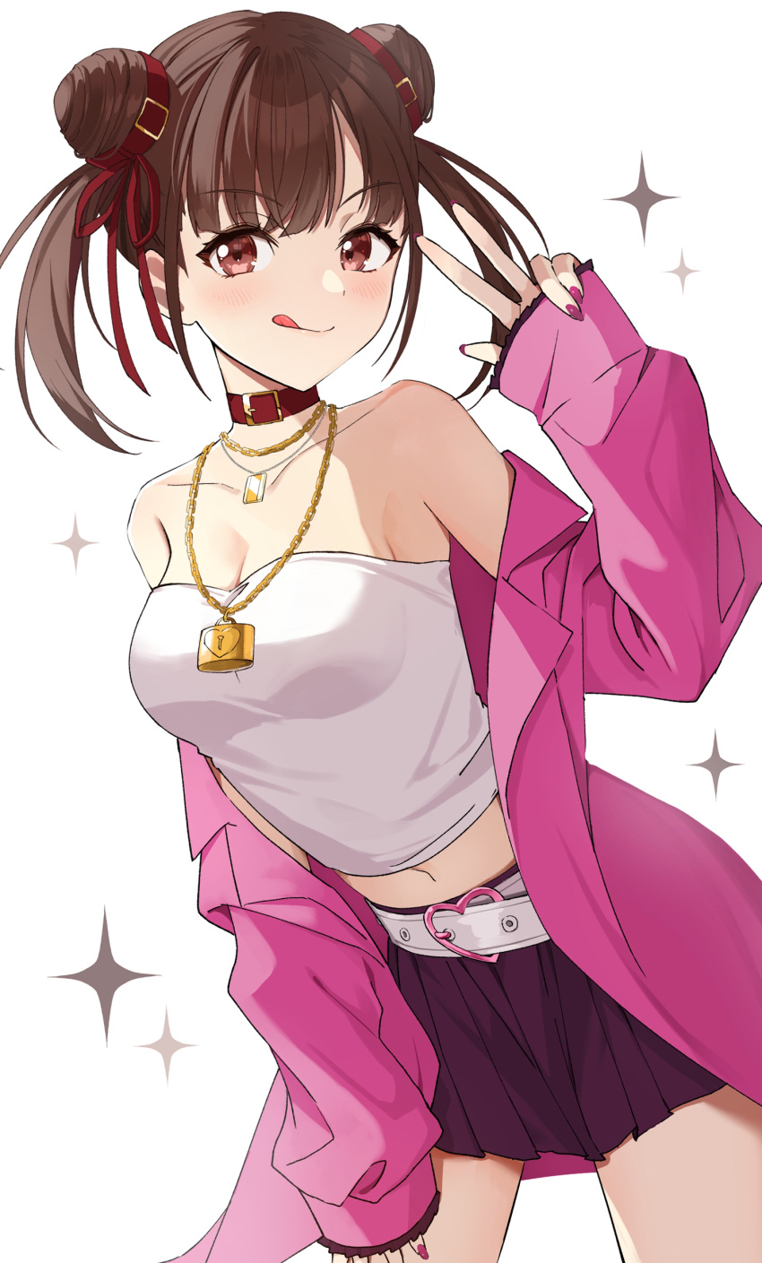 1girl absurdres bare_shoulders belt belt_collar black_skirt brown_eyes brown_hair chain_necklace collar commentary_request double_bun gawawawa hair_bun highres idolmaster idolmaster_shiny_colors jacket jewelry licking_lips long_hair looking_at_viewer miniskirt nail_polish necklace off_shoulder pink_jacket pleated_skirt skirt sleeves_past_wrists solo sonoda_chiyoko strapless tongue tongue_out tube_top twintails v white_background white_belt