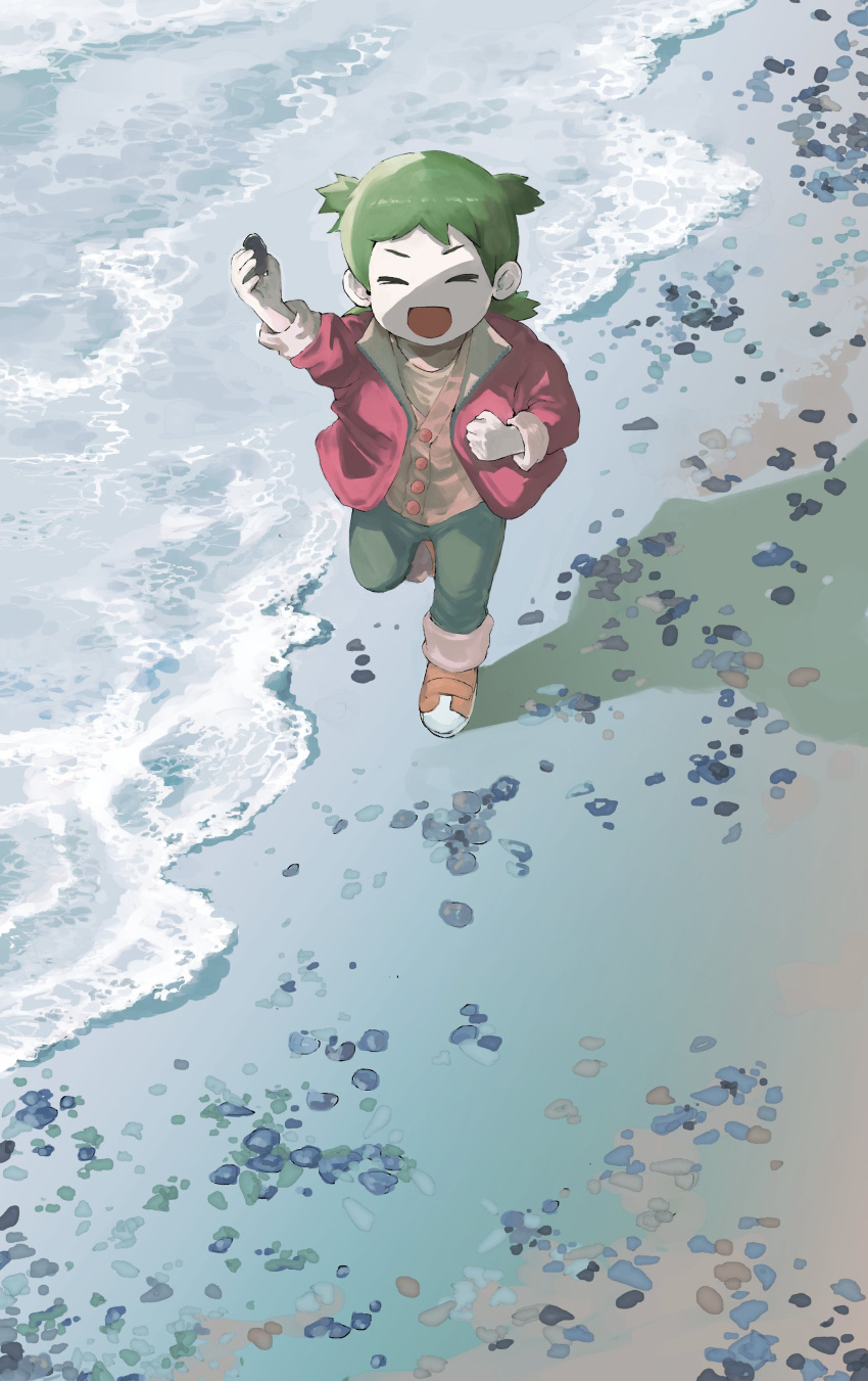 1girl absurdres beach boots cardigan clenched_hand closed_eyes coat female_child full_body green_hair green_pants highres holding koiwai_yotsuba long_sleeves my_nameisyoon ocean open_mouth orange_footwear outdoors pants pink_cardigan pink_coat quad_tails running short_hair smile solo waves yotsubato!