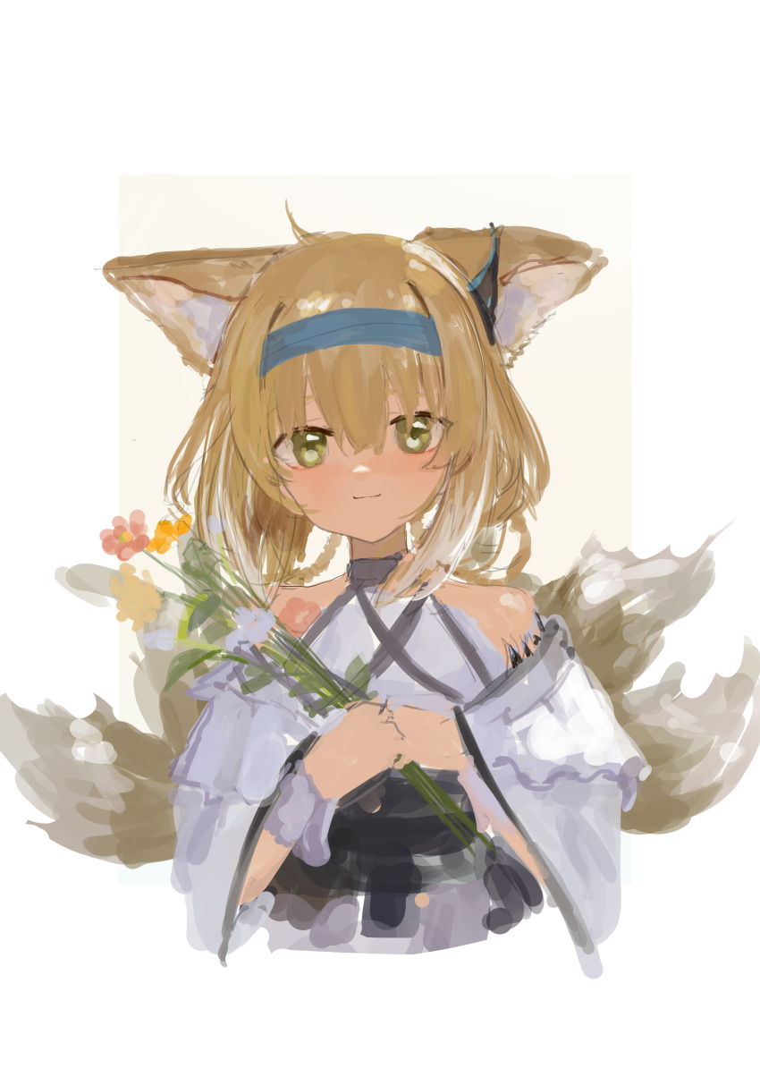 1girl absurdres animal_ear_fluff animal_ears arknights blonde_hair blue_hairband border braid cropped_torso earpiece flower fox_ears fox_girl fox_tail hair_rings hairband hands_up highres holding holding_flower kitsune kyuubi looking_at_viewer multiple_tails oripathy_lesion_(arknights) painterly pomaki3 smile solo straight-on suzuran_(arknights) tail white_background white_border yellow_eyes