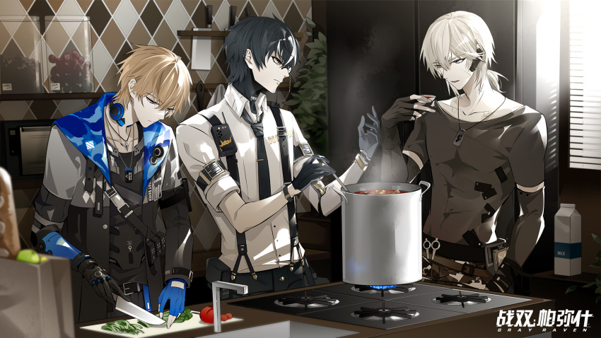 3boys artist_request bandages belt black_hair blonde_hair blue_eyes cooking cooking_pot cucumber cutting cutting_board dog_tags fingerless_gloves gloves grey_hair headphones heterochromia highres kitchen knife lee_(punishing:_gray_raven) looking_down mechanical_parts milk milk_carton monocle multiple_boys muscular necktie noan_(punishing:_gray_raven) official_art oven plant ponytail punishing:_gray_raven short_hair steam stirring stove tomato wallpaper_(object) watanabe_(punishing:_gray_raven) window yellow_eyes