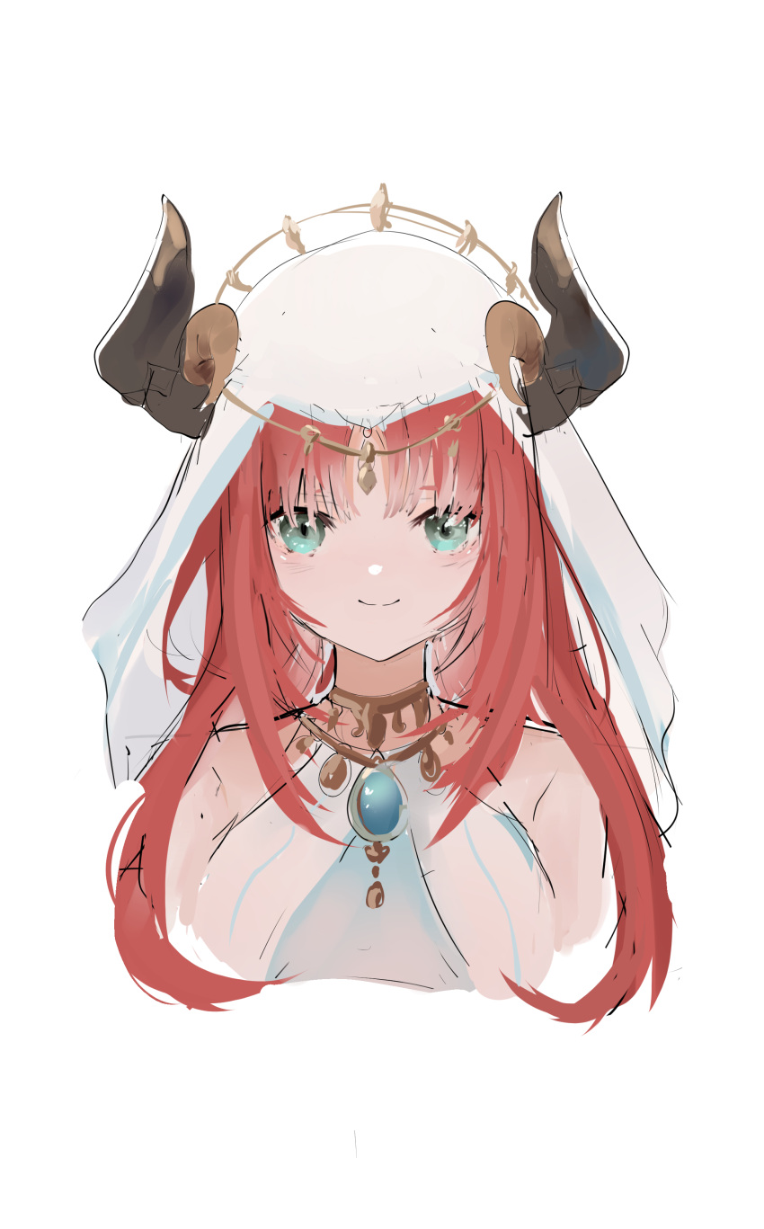 1girl absurdres blue_eyes circlet english_commentary fake_horns genshin_impact gold_trim harem_outfit highres horns jewelry long_hair looking_at_viewer neck_ring nilou_(genshin_impact) pomaki3 redhead simple_background sketch smile solo straight-on veil white_background white_headdress white_veil