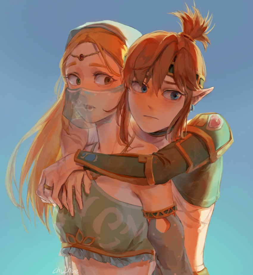 1boy 1girl arabian_clothes bare_shoulders blonde_hair blue_background blue_eyes breasts closed_mouth cosplay desert_voe_set_(zelda) frown gerudo_set_(zelda) gradient_background green_eyes highres hug hug_from_behind jewelry link link_(cosplay) long_hair looking_at_another looking_at_viewer mouth_veil open_mouth pointy_ears princess_zelda psp26958748 ring shoulder_plates small_breasts the_legend_of_zelda the_legend_of_zelda:_breath_of_the_wild upper_body veil