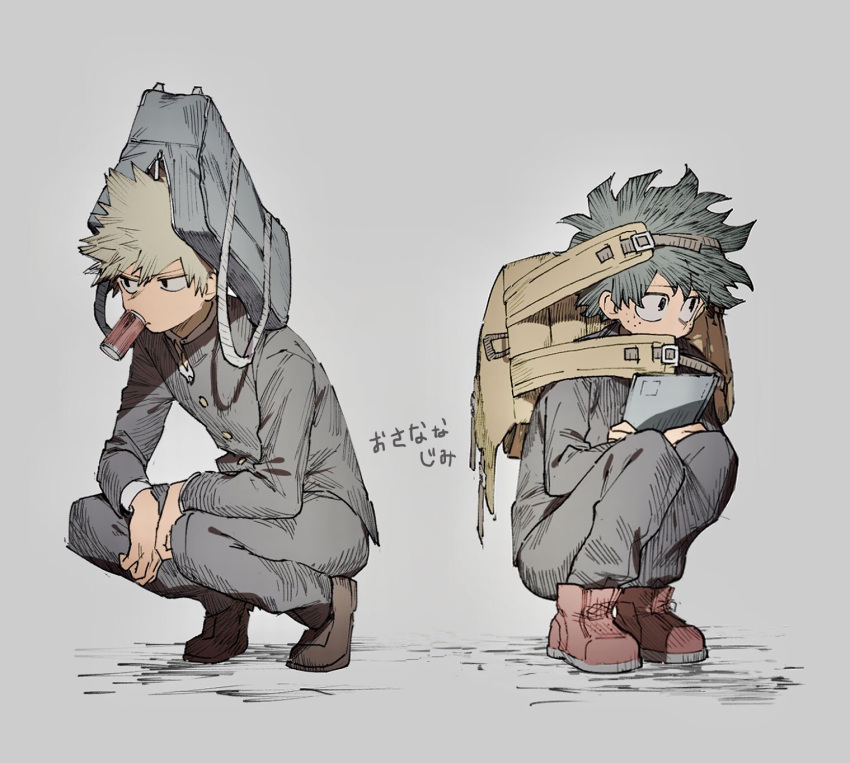 2boys aged_down alternate_eye_color anohenn arms_on_knees backpack bag bag_on_head bakugou_katsuki between_legs black_eyes blonde_hair boku_no_hero_academia book book_hug brown_footwear buttons can commentary_request covered_mouth cross-laced_footwear curly_hair dress_shoes freckles full_body gakuran green_hair grey_background grey_bag grey_jacket grey_pants hair_between_eyes hand_between_legs highres holding holding_book jacket leaning_forward long_sleeves looking_away looking_to_the_side male_focus midoriya_izuku mouth_hold multiple_boys muted_color notebook object_hug open_bag pants red_footwear school_uniform shirt short_hair sideways_glance simple_background slav_squatting spiky_hair squatting strap white_shirt zipper_pull_tab