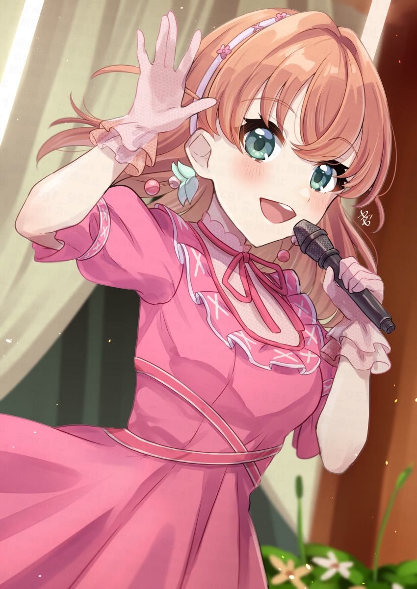 1girl absurdres birthday blush breasts commentary dress gloves green_eyes hairband highres hinoshita_kaho holding holding_microphone kyaku_tatsu link!_like!_love_live! looking_at_viewer love_live! medium_breasts medium_hair microphone orange_hair pink_dress see-through_gloves smile two_side_up upper_body