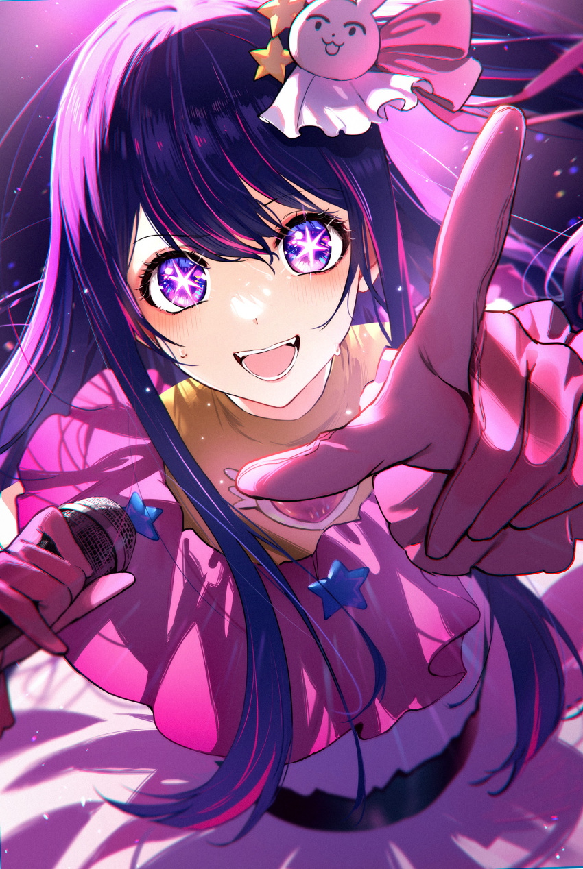 1girl :d absurdres blush brooch cezaria dress foreshortening frilled_dress frilled_gloves frills gloves hair_between_eyes hair_ornament heart_brooch highres holding holding_microphone hoshino_ai_(oshi_no_ko) idol idol_clothes jewelry long_hair looking_at_viewer microphone one_side_up open_mouth oshi_no_ko pink_dress pink_gloves pointing pointing_at_viewer purple_hair rabbit_hair_ornament sidelocks smile solo star-shaped_pupils star_(symbol) star_in_eye sweatdrop symbol-shaped_pupils symbol_in_eye violet_eyes