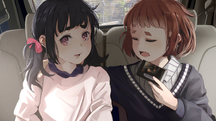 2girls arm_around_shoulder artist_name black_hair black_hairband black_sweater blunt_bangs blush bob_cut bow bright_pupils brown_hair car_interior closed_eyes commentary dress_shirt earrings eyelashes facing_another fang foliage game_cartridge hair_bow hair_ribbon hair_strand hairband hand_on_another's_shoulder highres holding_game_cartridge jewelry layered_shirt light_blush long_hair long_sleeves looking_at_viewer messy_hair multiple_girls open_mouth original parted_lips pink_bow pink_eyes pink_ribbon pink_sweater plaid plaid_shirt ribbon russian_commentary sasha_(servachok) servachok shaded_face shirt short_eyebrows short_hair side-by-side sitting skin_fang sweater talking tanya_(servachok) thick_eyebrows twintails upper_body v-neck white_shirt worried