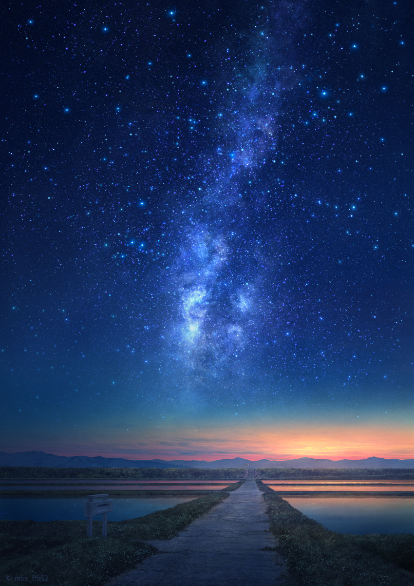 clouds commentary_request evening galaxy grass highres landscape milky_way mks mountain mountainous_horizon no_humans original outdoors rice_paddy road scenery sky star_(sky) starry_sky sunset vanishing_point