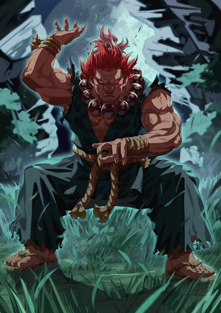 1boy akuma_(street_fighter) colored_sclera dougi highres male_focus muscular muscular_male red_sclera redhead rope_belt sandals short_hair short_ponytail solo street_fighter yagi2013