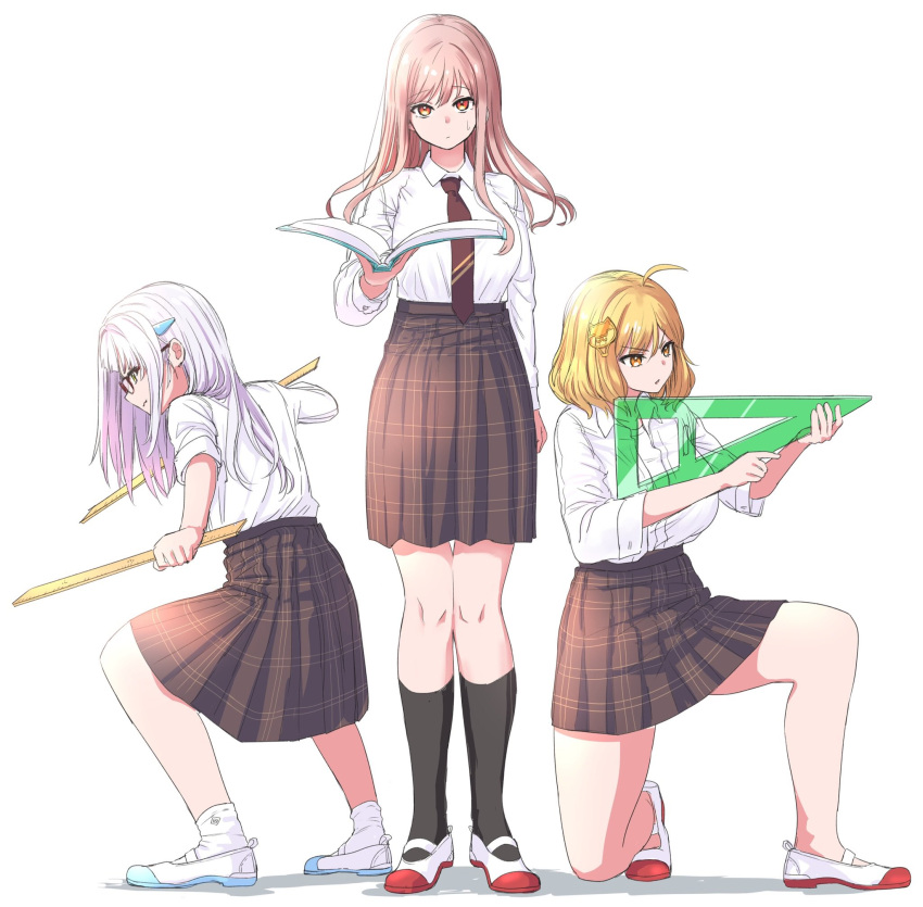 3girls ahoge aiming anis_(nikke) black_socks blonde_hair book breasts brown_eyes brown_hair brown_necktie brown_skirt collared_shirt glasses goddess_of_victory:_nikke green_eyes hair_ornament highres holding holding_book holding_ruler long_hair long_sleeves multiple_girls necktie neon_(nikke) on_one_knee orange_eyes pleated_skirt rapi_(nikke) school_uniform shinoe_nun shirt shirt_tucked_in shoes short_hair short_sleeves simple_background skirt socks standing striped_necktie white_background white_hair white_shirt