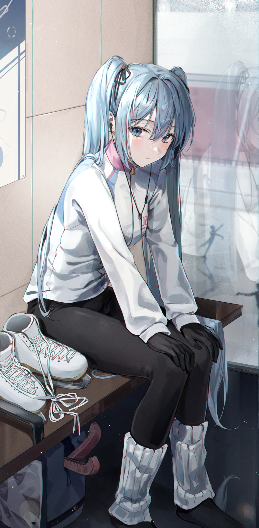 1girl absurdres bag bench black_gloves black_pantyhose blue_eyes blue_hair blush closed_mouth commentary cross-laced_footwear earphones earphones ekina_(1217) figure_skating from_side full_body gloves hair_between_eyes hands_on_own_knees hatsune_miku high_collar highres ice_skates indoors jacket knees_together_feet_apart leaning_forward long_hair long_sleeves looking_at_viewer no_shoes pantyhose poster_(object) raised_eyebrows reflection shoes shoes_removed sidelocks sitting skates skating_rink solo twintails vocaloid white_jacket white_leg_warmers window zipper_pull_tab