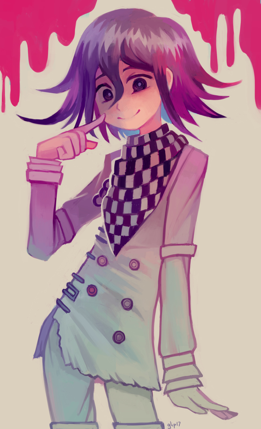 1boy absurdres blood buttons checkered_clothes checkered_scarf danganronpa_(series) danganronpa_v3:_killing_harmony english_commentary glitchedpuppet hair_between_eyes highres jacket long_sleeves male_focus oma_kokichi pink_blood pointing pointing_at_self purple_hair scarf short_hair signature smile straitjacket violet_eyes white_jacket