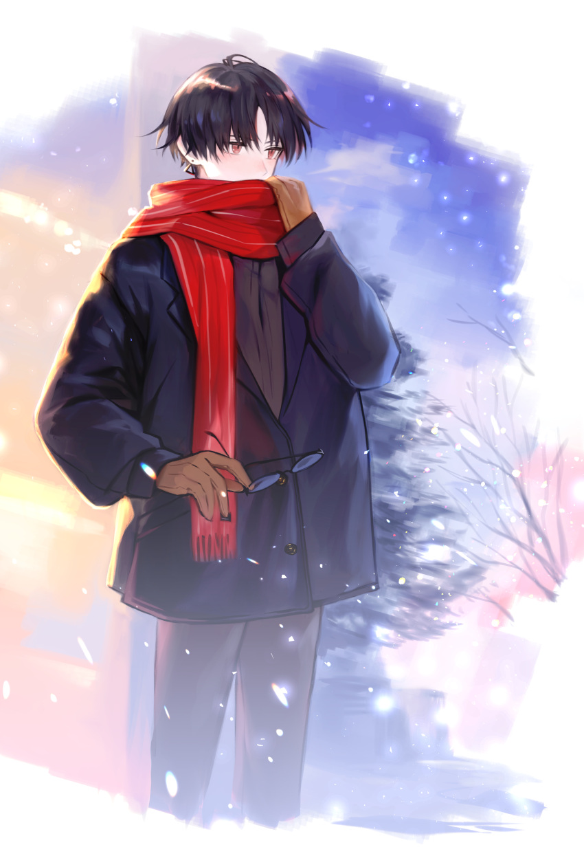 1boy absurdres adjusting_scarf black_coat black_hair blurry blurry_background brown_gloves coat earrings gloves grey_pants hand_up highres iv_4t jewelry nijisanji pants parted_bangs red_eyes red_scarf scarf short_hair solo standing triangle_earrings yumeoi_kakeru