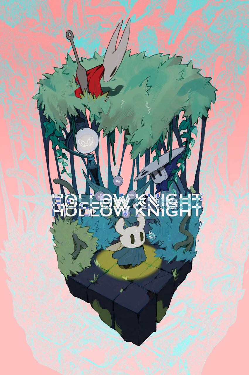 abstract_background absurdres blue_cape cape copyright_name highres hollow_knight hornet_(hollow_knight) horns knight_(hollow_knight) lamppost mask mask_on_head nail_(hollow_knight) no_humans quirrel red_cape shd_eod
