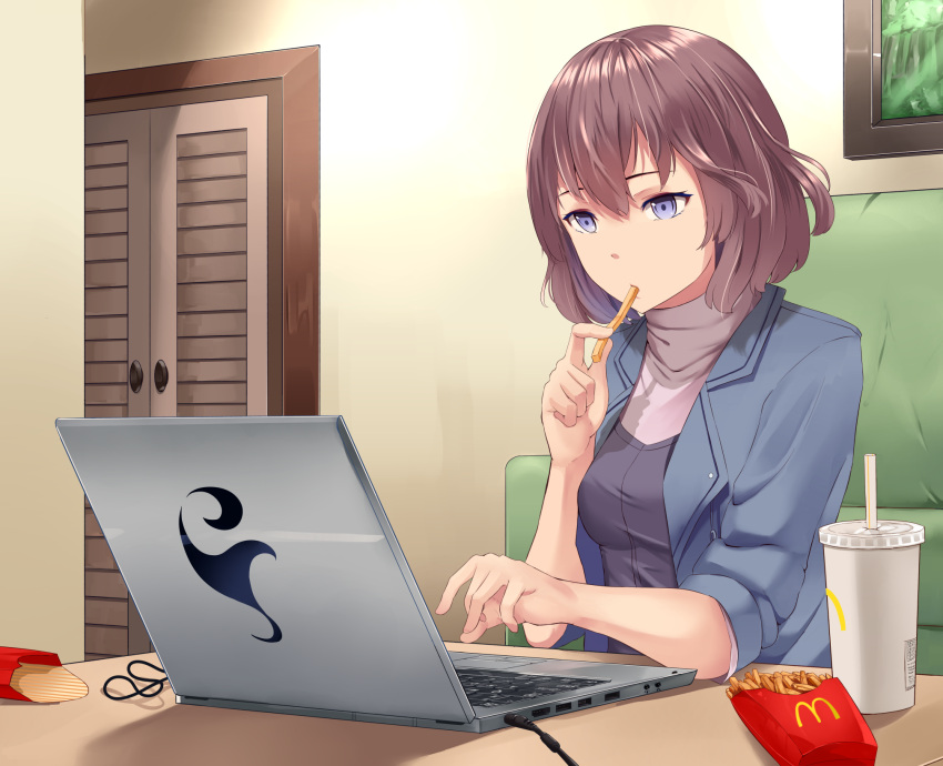 1girl blue_eyes breasts brown_hair computer cup disposable_cup door eating english_commentary food french_fries hair_between_eyes highres laptop mcdonald's mengo quanzhi_gaoshou shadow short_hair sitting small_breasts solo table tang_rou