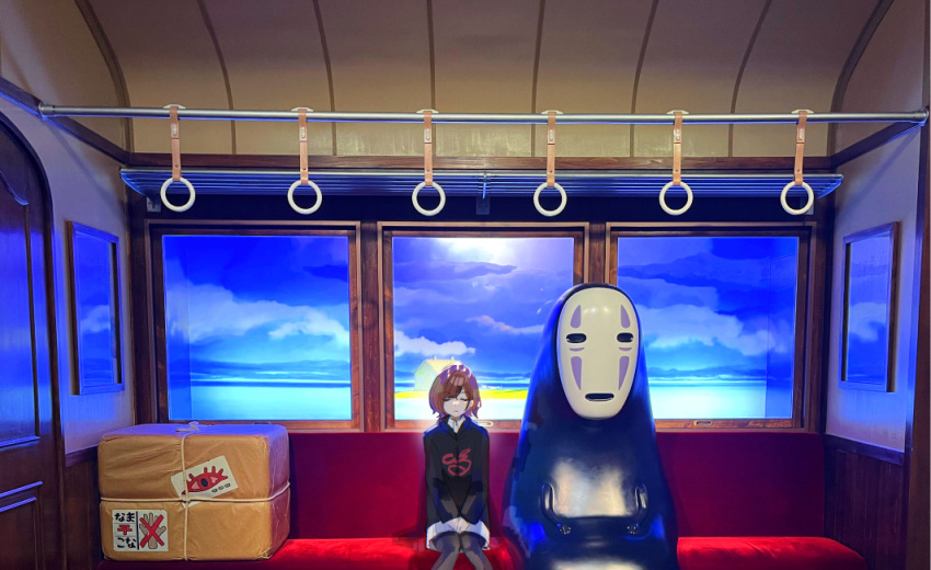 1girl black_pantyhose black_shirt closed_eyes crossover feet_out_of_frame higuchi_madoka idolmaster idolmaster_shiny_colors kaonashi own_hands_together pantyhose sen_to_chihiro_no_kamikakushi shirt sitting takaharuti train_interior