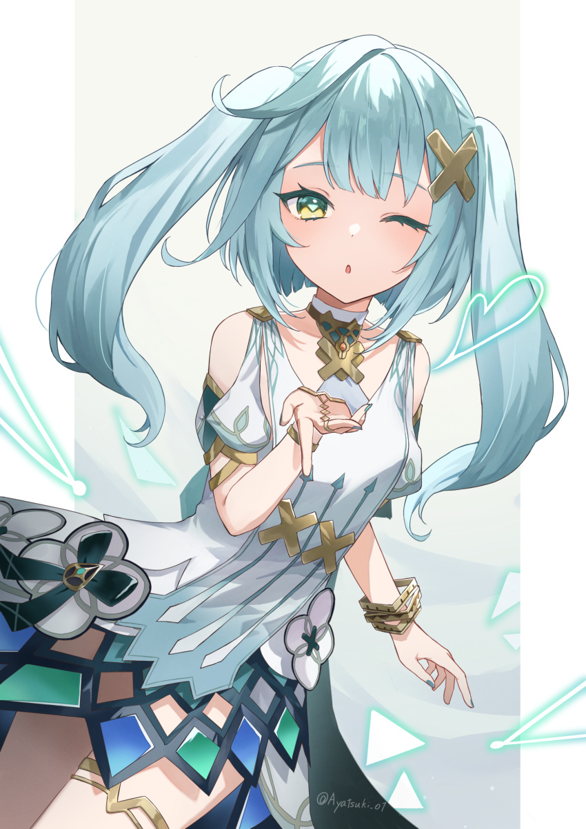 1girl ;o absurdres aqua_hair ayatsuki_hina bare_shoulders blowing_kiss border breasts dress faruzan_(genshin_impact) genshin_impact green_background green_eyes hair_ornament highres one_eye_closed open_mouth small_breasts solo twintails twitter_username white_border white_dress x_hair_ornament