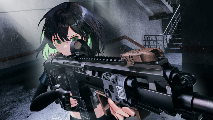 1girl absurdres assault_rifle black_gloves black_hair fingerless_gloves gloves green_eyes green_hair gun highres holding holding_gun holding_weapon indoors medium_hair midriff multicolored_hair original railing rifle seymour stairs tactical_clothes weapon