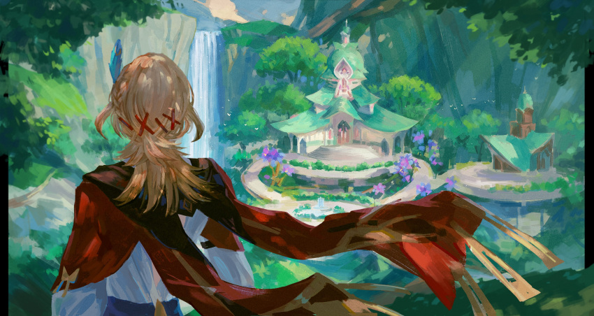1boy absurdres blonde_hair building cape cliff clouds commentary day english_commentary facing_away feather_hair_ornament feathers forest fountain from_behind genshin_impact hair_ornament highres in-universe_location kaveh_(genshin_impact) light_rays long_hair long_sleeves male_focus mountain nature niluhong outdoors red_cape scenery shirt solo tree water waterfall white_shirt x_hair_ornament