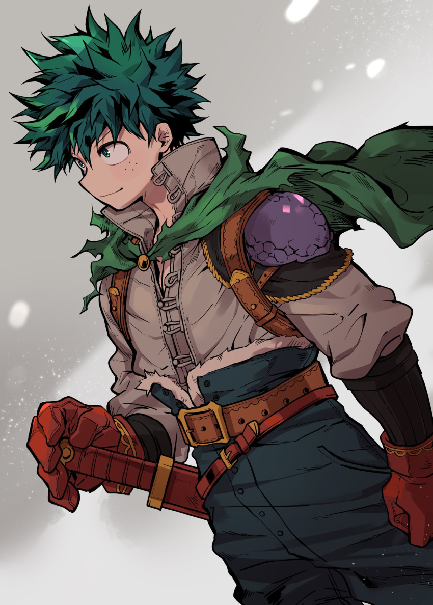 1boy alternate_universe arm_at_side belt belt_buckle blue_pants boku_no_hero_academia bright_pupils brown_belt buckle buttons cape check_clothing chiyaya closed_mouth clothing_request dutch_angle floating_cape freckles from_side fur-trimmed_pants fur_trim gloves green_cape green_eyes green_hair grey_background grey_shirt hair_between_eyes hand_on_hilt hand_up high-waist_pants highres looking_ahead looking_away male_focus midoriya_izuku official_alternate_costume open_collar pants partially_unbuttoned profile red_gloves sheath sheathed shirt short_hair sideways_mouth single_shoulder_pad smile solo toggles torn_cape torn_clothes upper_body white_pupils yellow_brooch