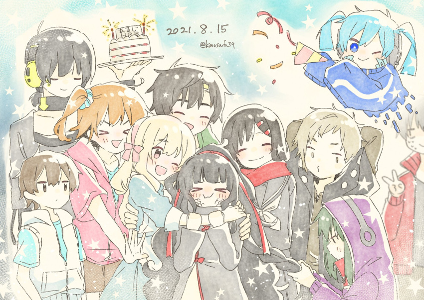 &gt;3&lt; &gt;_&lt; 5boys 6+girls :d ^_^ age_difference amamiya_hibiya apron aqua_hair aqua_scrunchie aqua_shirt arms_at_sides arms_behind_back arms_behind_head arrow_(symbol) arrow_print azami_(kagerou_project) bangs_pinned_back birthday birthday_cake black_eyes black_hair black_hoodie black_sailor_collar black_serafuku black_shirt blank_eyes blue_dress blue_eyes blue_jacket blue_sky blunt_bangs blunt_ends blush bow bow_hairband bright_pupils brown_eyes brown_hair brown_shirt brown_shorts buckle buttoned_cuffs cake candle casual circle closed_eyes closed_mouth commentary confetti cowboy_shot cropped_torso cross-laced_clothes cross-laced_slit dark_konoha dated day double-parted_bangs dress ene_(kagerou_project) enpera facial_mark facing_viewer flying food frilled_apron frills grandmother_and_granddaughter green_hair green_jumpsuit grey_kimono grey_shirt group_picture hair_between_eyes hair_ornament hair_ribbon hairband hairclip hairdressing hands_on_another's_arm happy headphones highres holding holding_another's_hair holding_food holding_hair holding_party_popper holding_plate hood hood_down hood_up hooded_jumpsuit hoodie hug jacket japanese_clothes jumpsuit kagerou_project kano_shuuya kido_tsubomi kimono kisaragi_momo kisaragi_shintarou konoha_(kagerou_project) kozakura_marry layered_clothes light_brown_hair lit_candle long_bangs long_hair long_sleeves looking_at_another looking_at_viewer looking_down looking_to_the_side multiple_boys multiple_girls neck_warmer neckerchief notched_neckline one_eye_closed open_mouth orange_hair outdoors parted_bangs partially_unzipped party_popper pastel_colors pink_bow pink_eyes pink_hairband pink_hoodie plate pleated_skirt pocket popped_collar print_hoodie profile purple_hoodie red_jacket red_ribbon red_scarf red_trim ribbon sa-fu_(sfmk39) sailor_collar scarf school_uniform scrunchie serafuku seto_kousuke shirt short_hair short_ponytail short_sleeves shorts side_ponytail sign single_stripe skirt sky sleeveless sleeveless_hoodie sleeves_past_elbows smile star_(symbol) striped sweat symbol-only_commentary t-shirt tateyama_ayano track_jacket twintails twitter_username upper_body v very_long_hair wavy_hair white_apron white_hair white_hoodie white_neckerchief white_stripes wispy_bangs zipper