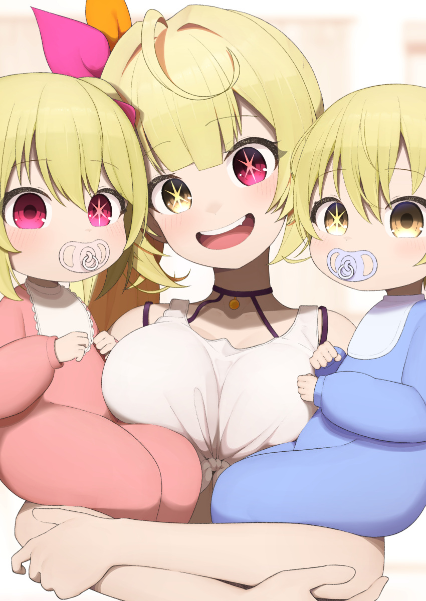 1boy 2girls :d absurdres baby bare_shoulders blonde_hair blue_pajamas blush breast_lift breasts brother_and_sister congratulations fusion hair_ribbon heterochromia highres holding_baby hoshikawa_sara hoshino_aquamarine hoshino_ruby large_breasts long_hair looking_at_viewer lunch_boxer mother_and_child mother_and_daughter mother_and_son multiple_girls nijisanji open_mouth oshi_no_ko pajamas pink_pajamas ribbon shirt short_hair siblings side_ponytail simple_background smile star-shaped_pupils star_(symbol) symbol-shaped_pupils tank_top tied_shirt twins violet_eyes virtual_youtuber white_background white_tank_top yellow_eyes