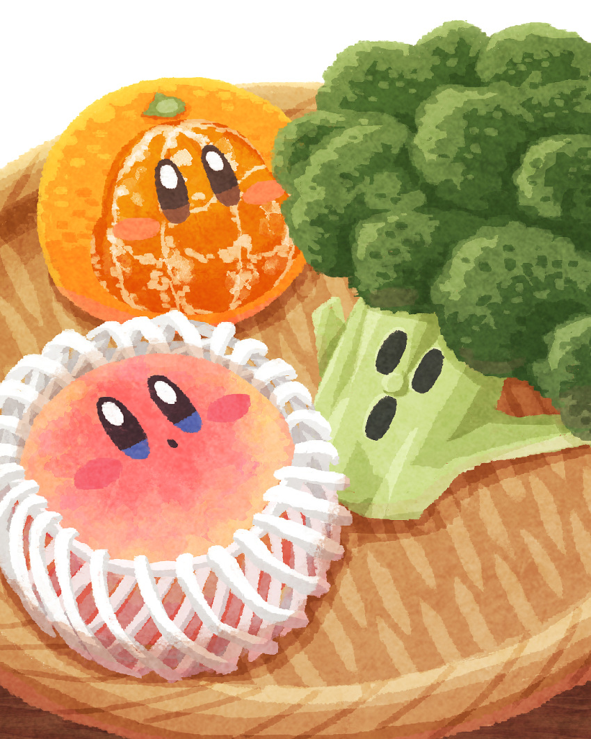 :o blush_stickers broccoli character_request food food_focus from_above fruit highres kirby kirby_(series) looking_at_viewer miclot no_humans open_mouth orange_(fruit) pear vegetable white_background wicker_basket