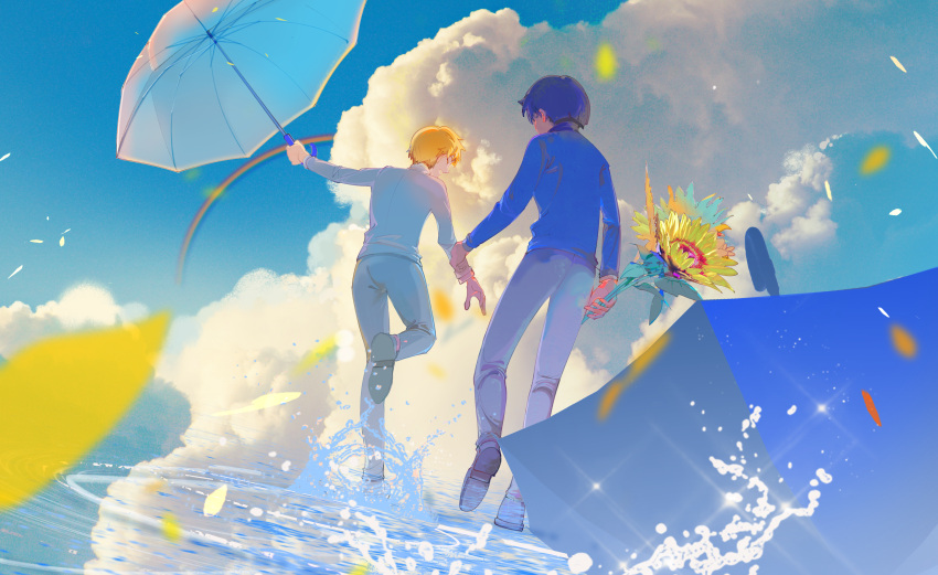2boys absurdres black_hair black_pants blonde_hair blue_jacket blue_sky bouquet chinese_commentary clouds commentary day flower formal highres holding holding_bouquet holding_umbrella jacket kageyama_shigeo leaf male_focus mob_psycho_100 multiple_boys outdoors pants rainbow reigen_arataka scenery short_hair sky suit umbrella white_jacket white_pants white_suit xixun yellow_flower