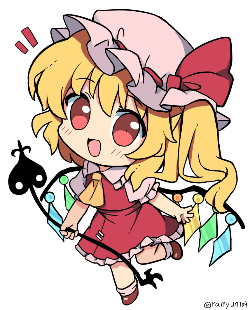 1girl blonde_hair blush chibi collared_shirt crystal flandre_scarlet frilled_shirt_collar frilled_skirt frilled_sleeves frills full_body hat highres holding laevatein_(touhou) long_hair mob_cap one_side_up open_mouth ramudia_(lamyun) red_eyes red_footwear red_skirt red_vest shirt shoes short_sleeves simple_background skirt smile socks solo touhou twitter_username vest white_background white_headwear white_socks wings
