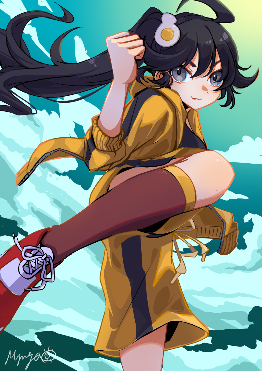 1girl :3 absurdres ahoge araragi_karen artist_name black_hair black_shirt brown_socks clenched_hand closed_mouth clouds commentary drawstring egg_hair_ornament fighting_stance floating_clothes floating_hair food-themed_hair_ornament foot_out_of_frame foot_up fried_egg from_below gradient_sky green_sky grey_eyes hair_between_eyes hair_ornament hand_up highres hood hood_down jacket kicking kneehighs light_smile long_hair looking_at_viewer monogatari_(series) myuga66666 nisemonogatari open_clothes open_jacket red_footwear shirt shoes shorts side_ponytail signature single_vertical_stripe sky smile sneakers socks solo standing standing_on_one_leg sun track_jacket v-shaped_eyebrows yellow_jacket yellow_shorts