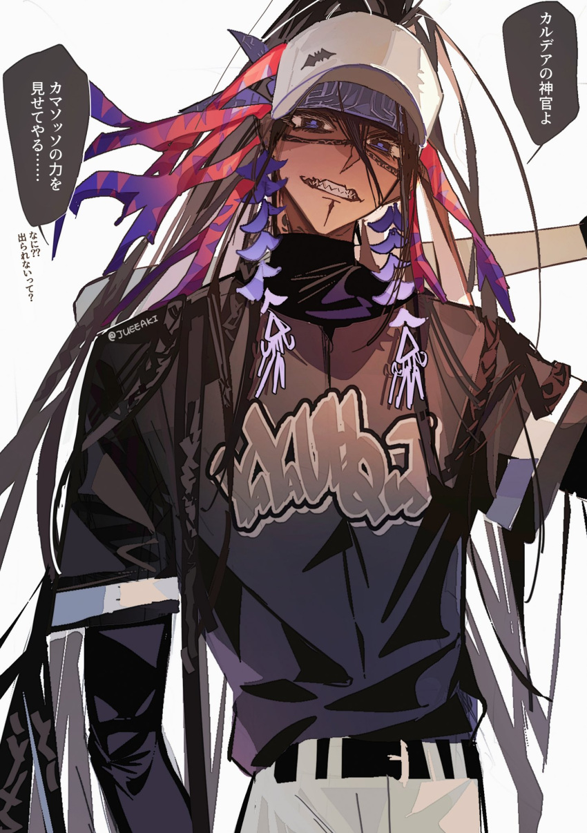 1boy baseball_bat baseball_cap baseball_jersey baseball_uniform black_eyes black_shirt camazotz_(fate) eeju fate/grand_order fate_(series) hat highres jersey layered_sleeves long_hair long_sleeves looking_at_viewer male_focus over_shoulder shirt short_over_long_sleeves short_sleeves signature simple_background solo speech_bubble sportswear translation_request upper_body white_background