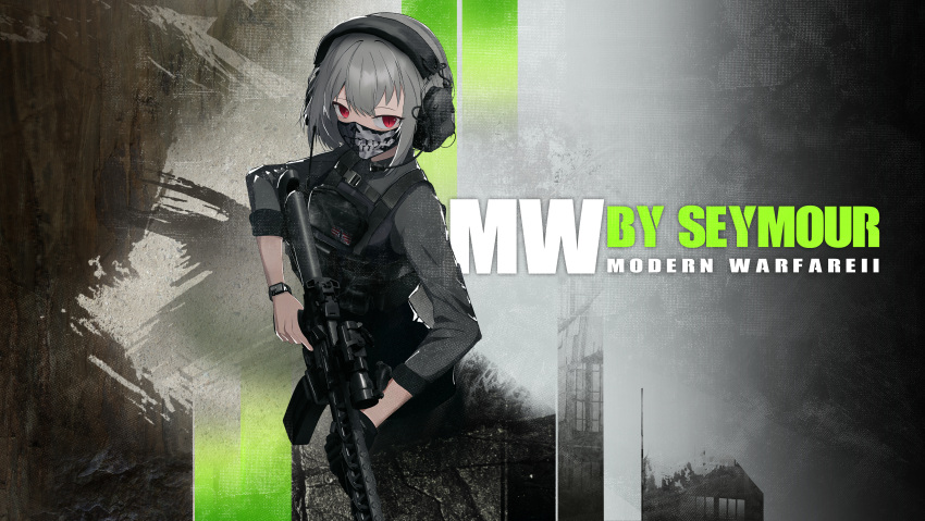 1girl absurdres artist_name assault_rifle call_of_duty call_of_duty:_modern_warfare_2 grey_hair grey_shirt gun headphones highres holding holding_gun holding_weapon load_bearing_vest looking_at_viewer military original red_eyes rifle seymour shirt short_hair solo tactical_clothes watch watch weapon