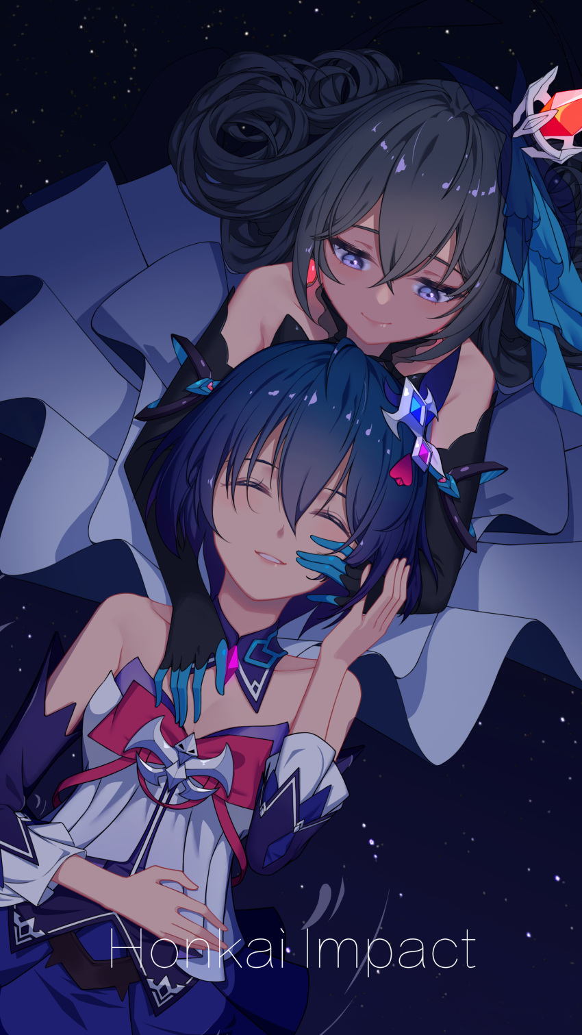 2girls absurdres black_background blue_background blue_eyes blue_hair bronya_zaychik bronya_zaychik_(herrscher_of_reason) closed_eyes closed_mouth copyright_name facing_viewer gradient_background grey_hair guguai_jingling highres honkai_(series) honkai_impact_3rd long_hair looking_at_another multiple_girls seele_vollerei short_hair smile starry_background yuri