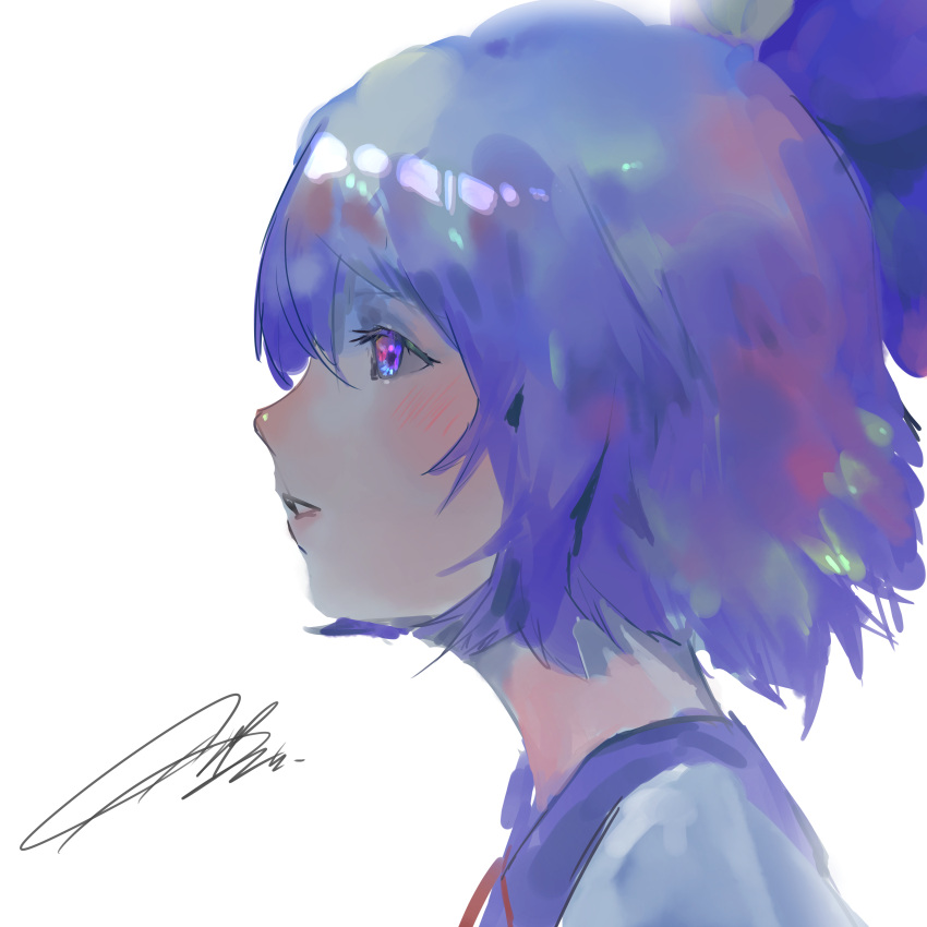 1girl absurdres blue_eyes blue_hair cirno clip_studio_paint_(medium) commentary from_side highres mont_blanca parted_lips portrait profile short_hair signature simple_background solo touhou upper_body white_background