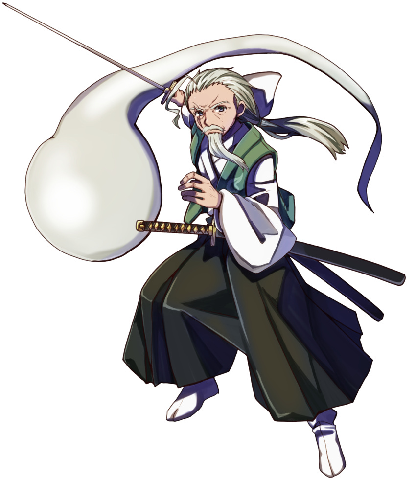 1boy beard black_pants commentary commission facial_hair full_body ghost green_vest grey_eyes grey_hair highres holding holding_sword holding_weapon japanese_clothes kataginu katana kimono konpaku_youki konpaku_youki_(ghost) long_hair long_sleeves male_focus multiple_sources mustache old old_man pants pixiv_commission renshirenji scar scar_across_eye simple_background sword touhou vest weapon white_background white_kimono