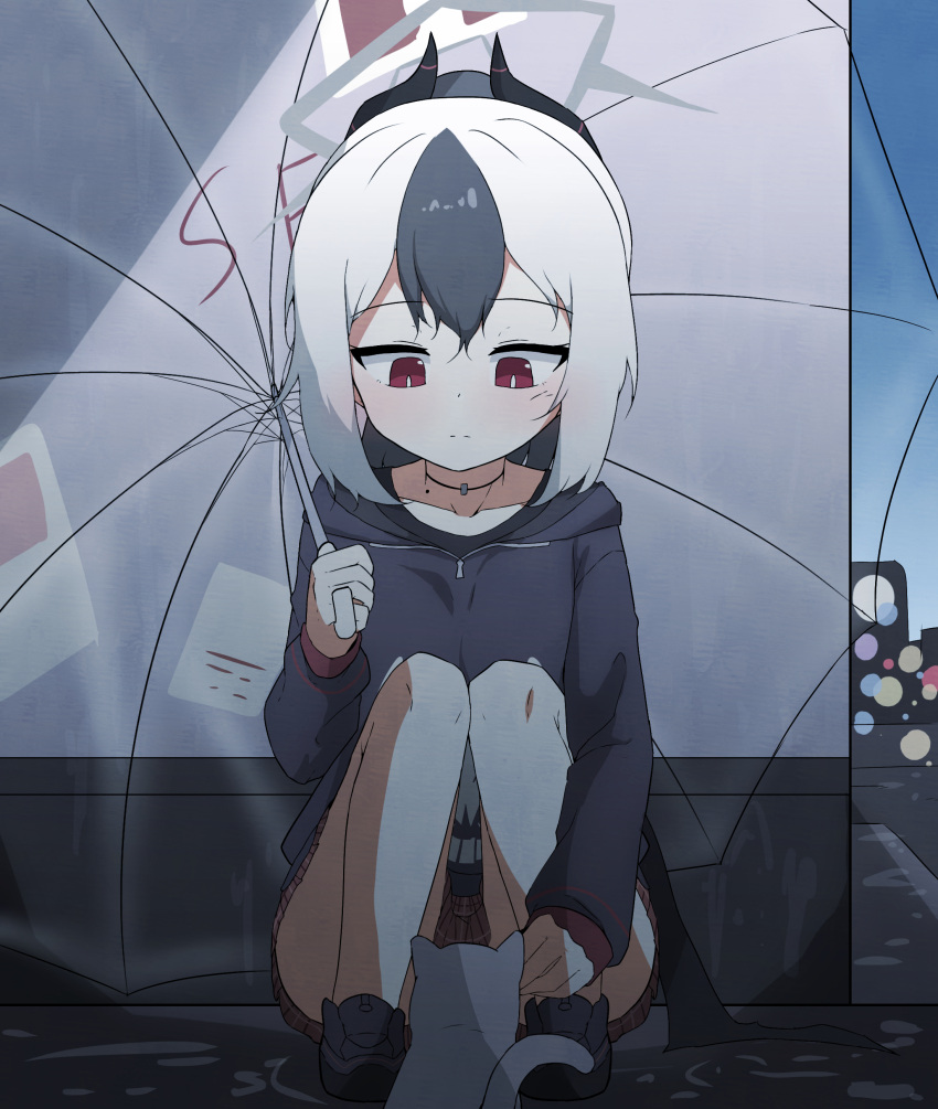 1girl absurdres black_hair black_hoodie blue_archive cat hagoonha halo highres holding holding_umbrella hood hoodie kayoko_(blue_archive) red_eyes solo thighs transparent transparent_umbrella umbrella white_hair