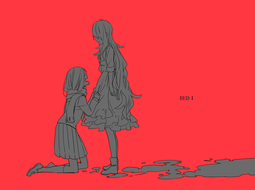 2girls apron apron_grab asahimachi begging boots closed_mouth commentary_request dress enpera facing_another facing_to_the_side false_smile frilled_dress frills from_side full_body greyscale_with_colored_background hair_over_eyes highres kagerou_project kneehighs kneeling kozakura_marry liquid loafers long_bangs long_hair long_sleeves multiple_girls neckerchief negative_space open_mouth partial_commentary pleated_skirt profile puddle red_background scarf school_uniform serafuku shoes simple_background skirt sleeves_past_elbows smile socks standing tateyama_ayano very_long_hair wavy_hair