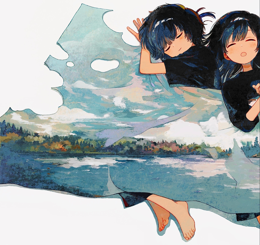 1boy 1girl absurdres barefoot black_hair black_shirt closed_eyes clouds double_exposure forest highres ka_(marukogedago) lake long_hair lying nature on_back on_side open_mouth original scenery shirt short_hair short_sleeves simple_background sleeping smile under_covers white_background