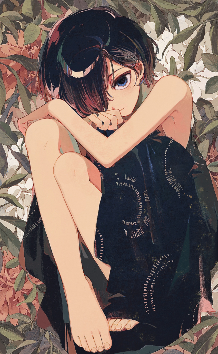 1girl absurdres armpits bare_arms bare_shoulders barefoot black_dress black_hair blue_eyes closed_mouth dress expressionless feet flower full_body hair_behind_ear hair_over_one_eye hand_on_own_knee hands_up head_down highres ka_(marukogedago) knee_up knees_to_chest leaf legs looking_at_viewer one_eye_covered original plant red_flower short_hair sitting solo strapless strapless_dress toenails toes