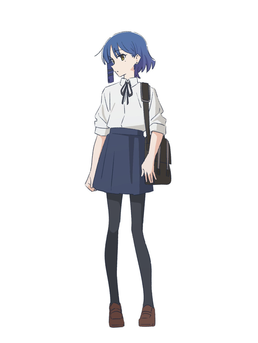 1girl bag black_ribbon blue_hair blue_skirt bocchi_the_rock! brown_footwear collared_shirt full_body highres loafers looking_at_viewer maring_song mole mole_under_eye neck_ribbon pantyhose pleated_skirt ribbon school_bag school_uniform shimokitazawa_high_school_uniform shirt shirt_tucked_in shoes short_hair shoulder_bag simple_background skirt sleeves_rolled_up solo standing white_shirt yamada_ryou yellow_eyes