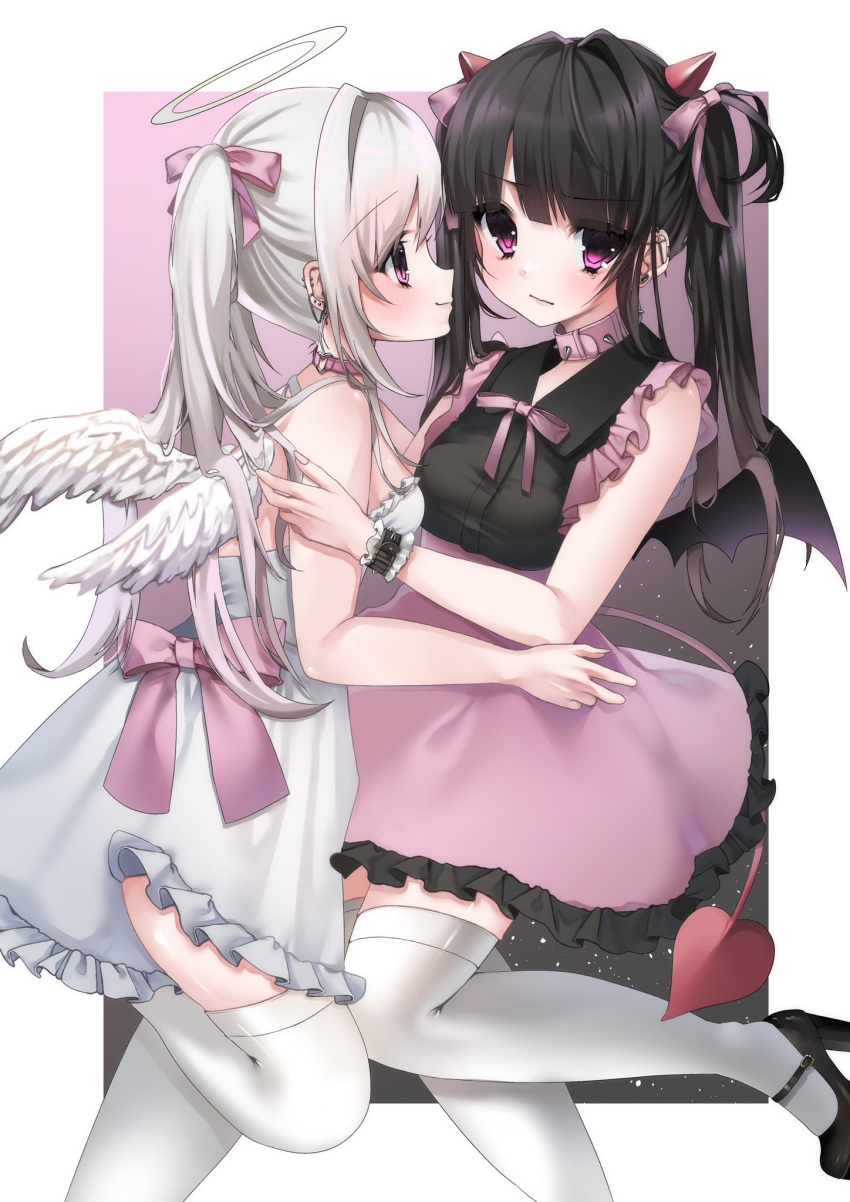 2girls angel angel_and_devil black_hair bow collar demon dress earrings feathered_wings frilled_skirt frills hair_bow halo highres jewelry long_hair multiple_girls original pink_bow pink_collar pink_eyes purple_skirt skirt thigh-highs twintails usausausabarasi violet_eyes white_dress white_hair white_thighhighs white_wings wings yuri